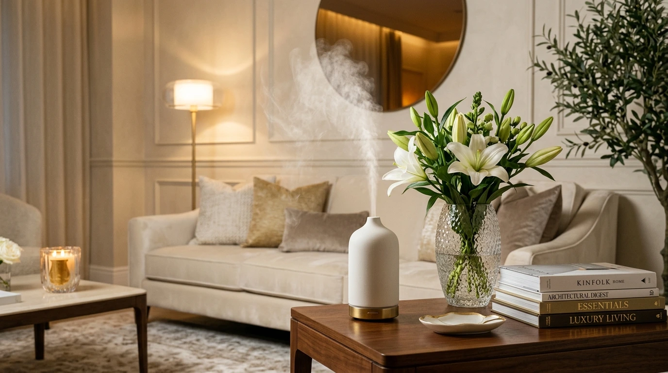 A luxury scent diffuser and fresh flowers in a beautifully lit modern living room.