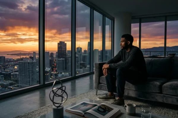A professional male athlete reflecting in a luxury living room, symbolizing men's mental health.