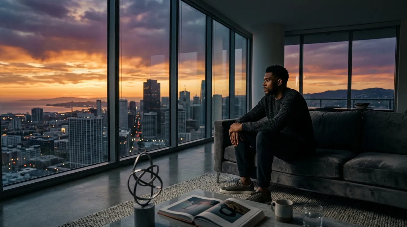 A professional male athlete reflecting in a luxury living room, symbolizing men's mental health.
