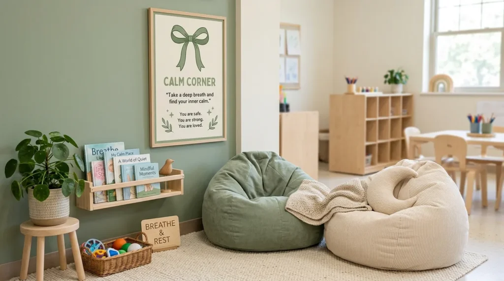 A minimalist calm corner in a school for mental health awareness activities.