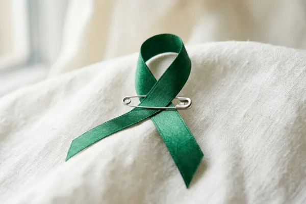 A green mental health awareness ribbon on white fabric symbolizing hope for 2026.