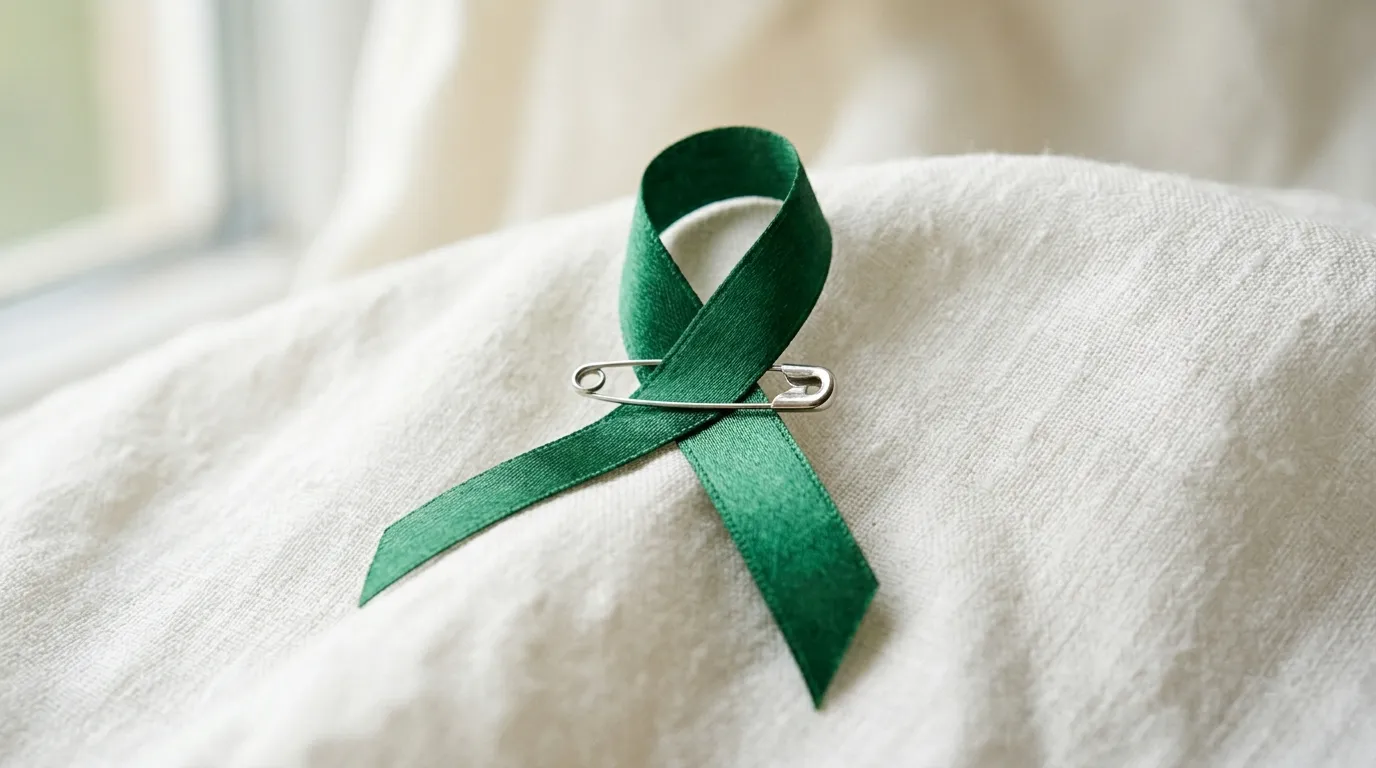 A green mental health awareness ribbon on white fabric symbolizing hope for 2026.