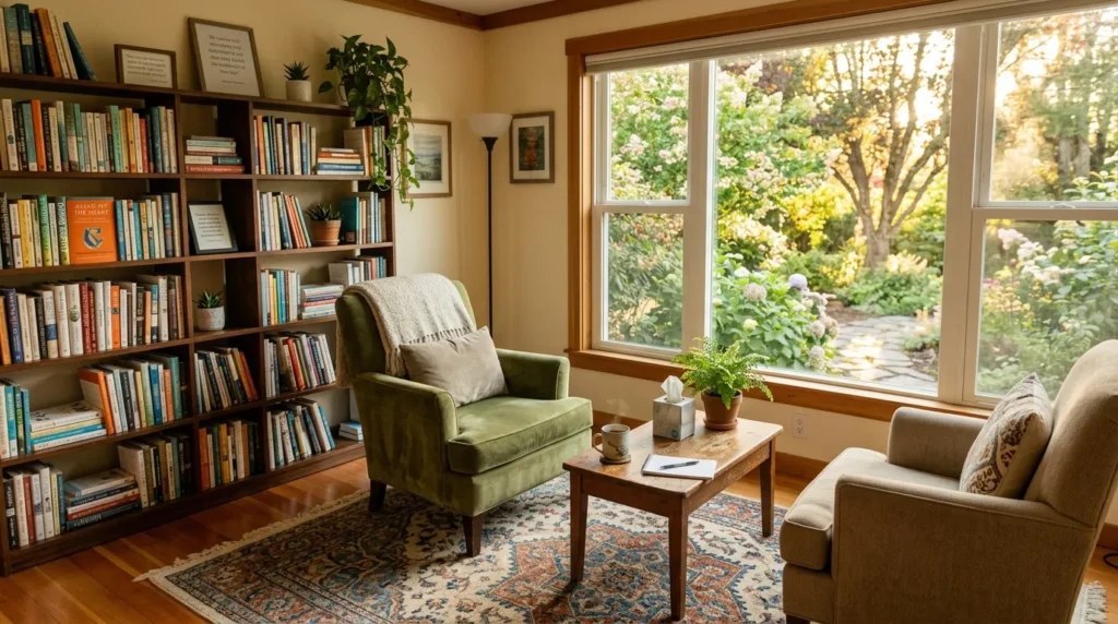 A welcoming and professional mental health therapist's office designed for comfort.