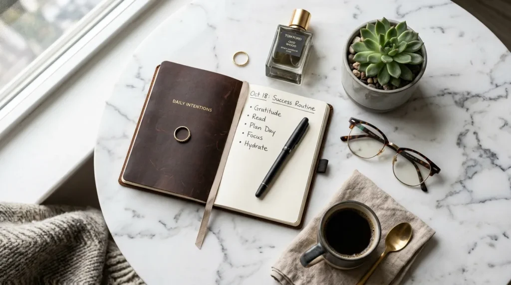 A flat-lay of a morning routine including a journal and fragrance, symbolizing intentional living.