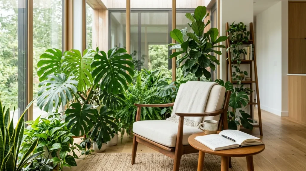 A bright, plant-filled indoor space designed for mental relaxation and serenity.