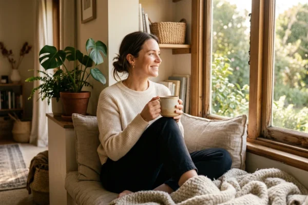 A person enjoying a peaceful moment at home with a warm drink, practicing daily wellness.