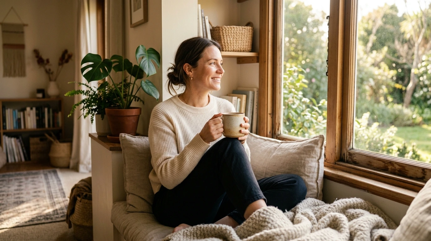 A person enjoying a peaceful moment at home with a warm drink, practicing daily wellness.