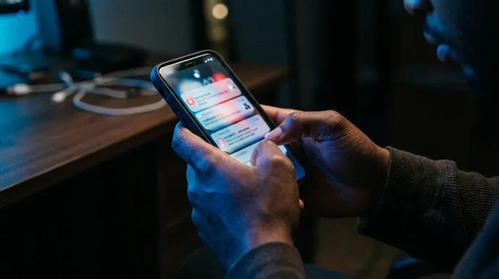 A person holding a smartphone with blurred notifications, representing the stress of social media.