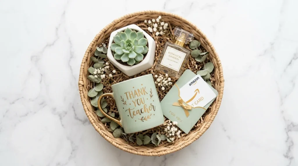 Teacher appreciation week gift ideas featuring wellness products and gift cards.