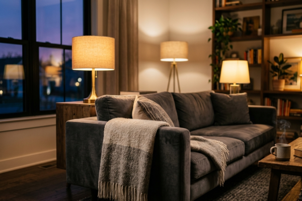 Warm layered lighting in a modern living room with cozy amber glow lamps