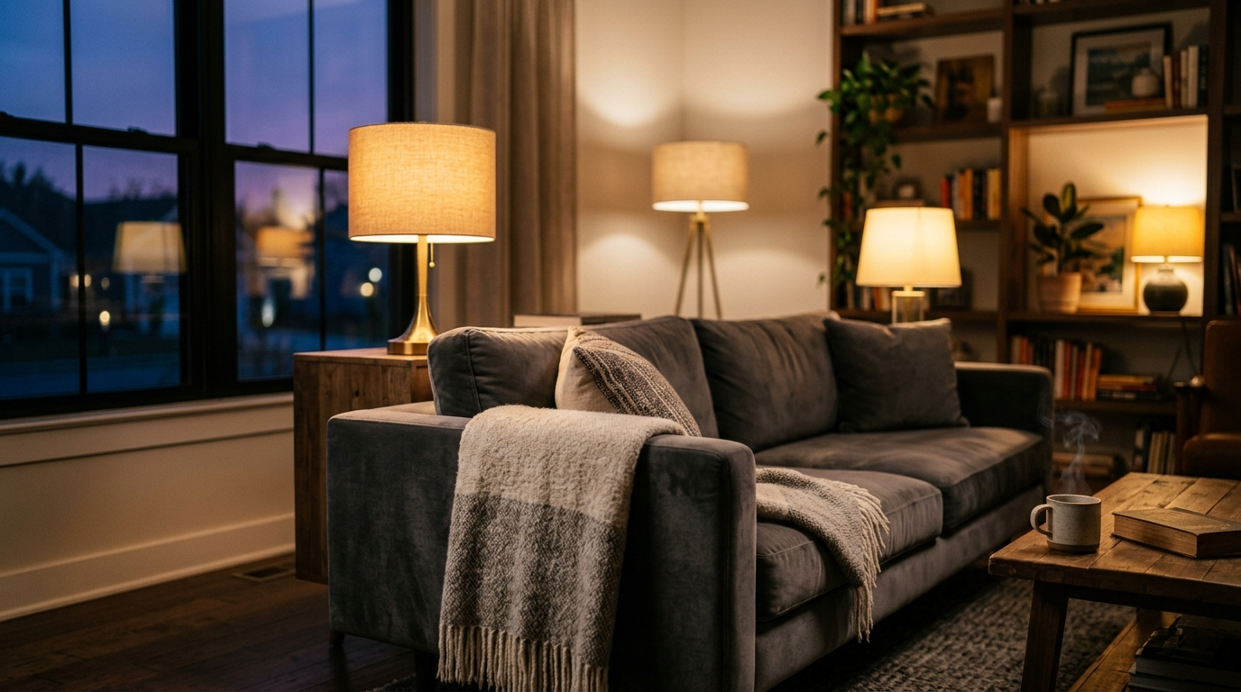 Warm layered lighting in a modern living room with cozy amber glow lamps