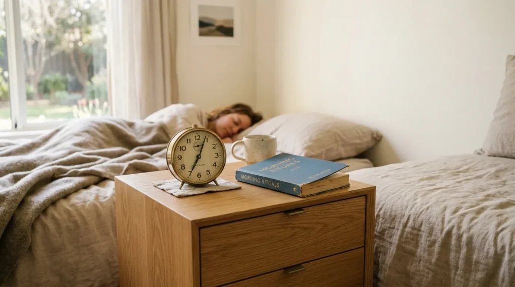 A peaceful sunlit bedroom at sunrise representing a fresh morning routine start.