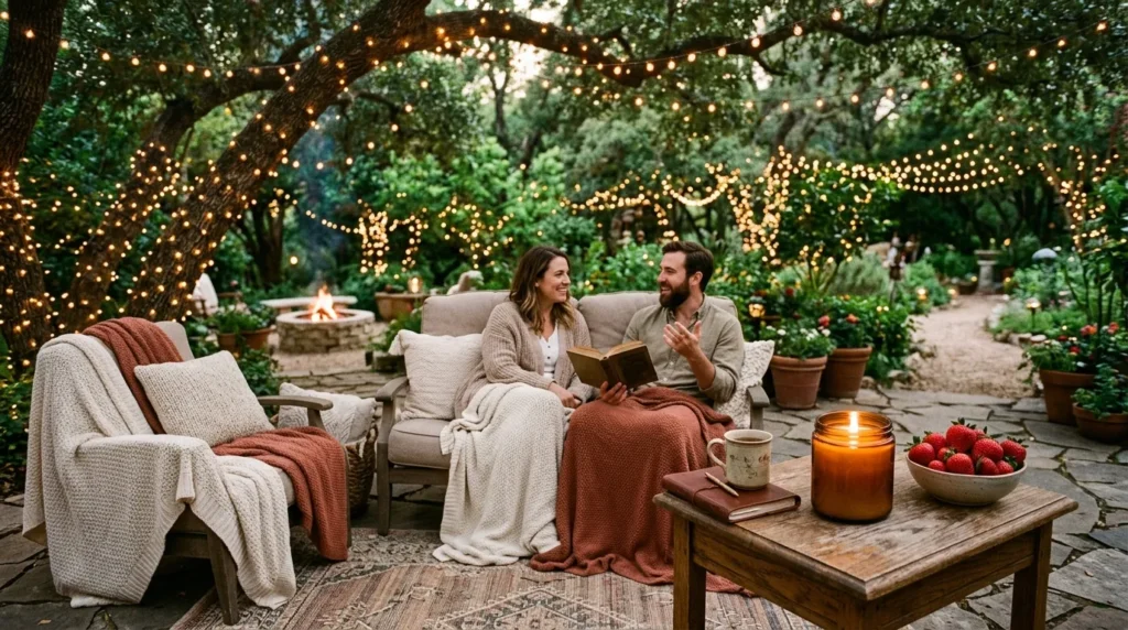 Golden outdoor string lights glowing over a cozy backyard seating area with an amber candle.