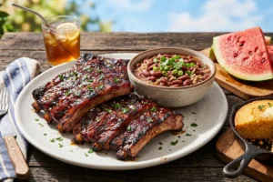 A mouthwatering traditional Juneteenth feast featuring smoky barbecue ribs, red beans, and sliced watermelon.