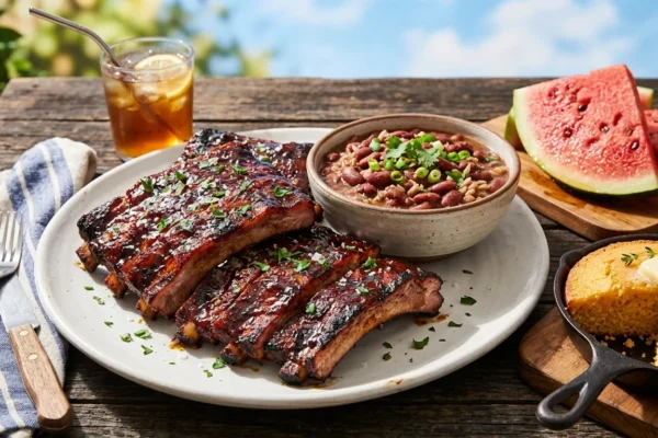 A mouthwatering traditional Juneteenth feast featuring smoky barbecue ribs, red beans, and sliced watermelon.