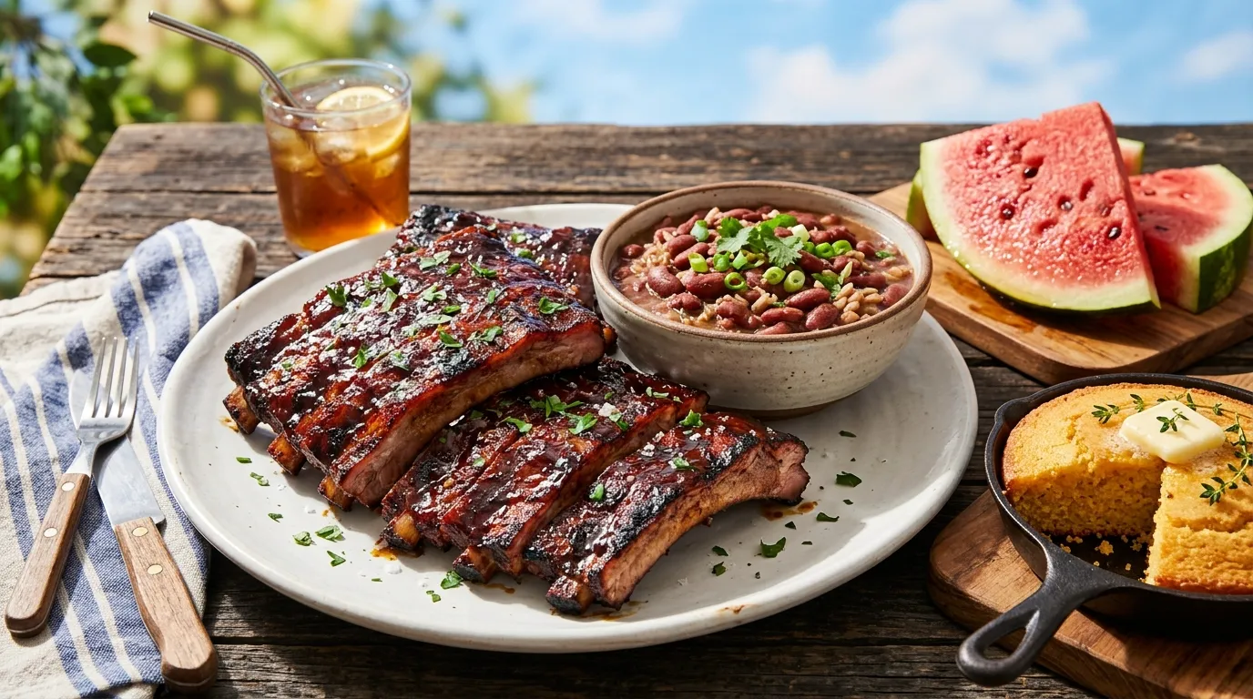 A mouthwatering traditional Juneteenth feast featuring smoky barbecue ribs, red beans, and sliced watermelon.