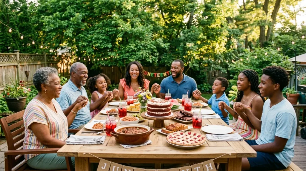 A multi-generational Black family laughing and holding hands around a natural wood table during a Juneteenth backyard feast.