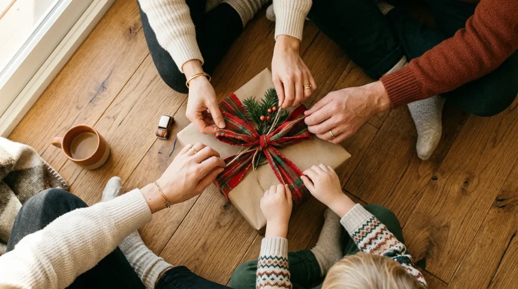 Hands opening a beautifully wrapped holiday gift with red and green ribbons on an opeloak oak hybrid floor.