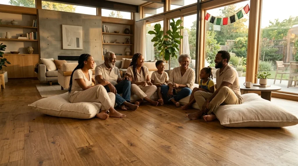A multi-generational Black family laughing and sitting on large floor pillows on a premium oak hybrid floor during a mindful Juneteenth gathering.