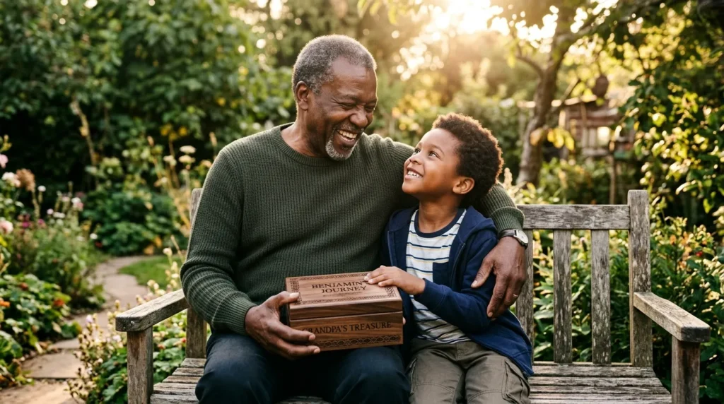 A happy Black grandfather and grandson sharing stories and holding a custom engraved wooden box on a patio.