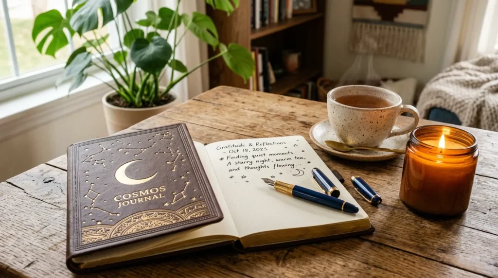 A premium leather journal open on a wood table next to a burning candle and an indoor plant.