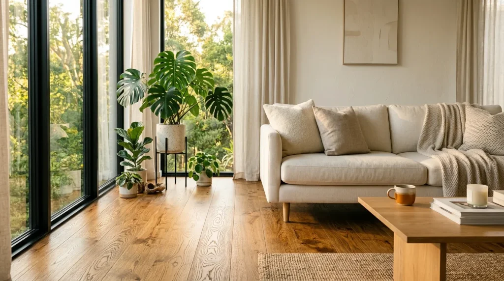 Modern minimalist living room featuring premium natural oak hybrid flooring by opeloak with indoor plants during golden hour.