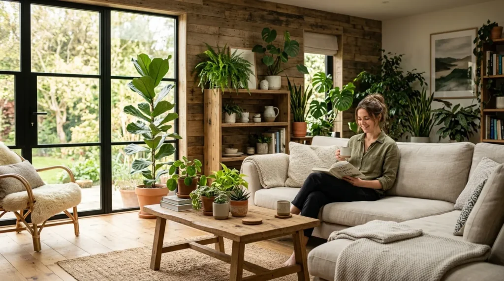 A sustainable home office setup showing a balance between professional career and a peaceful home life.