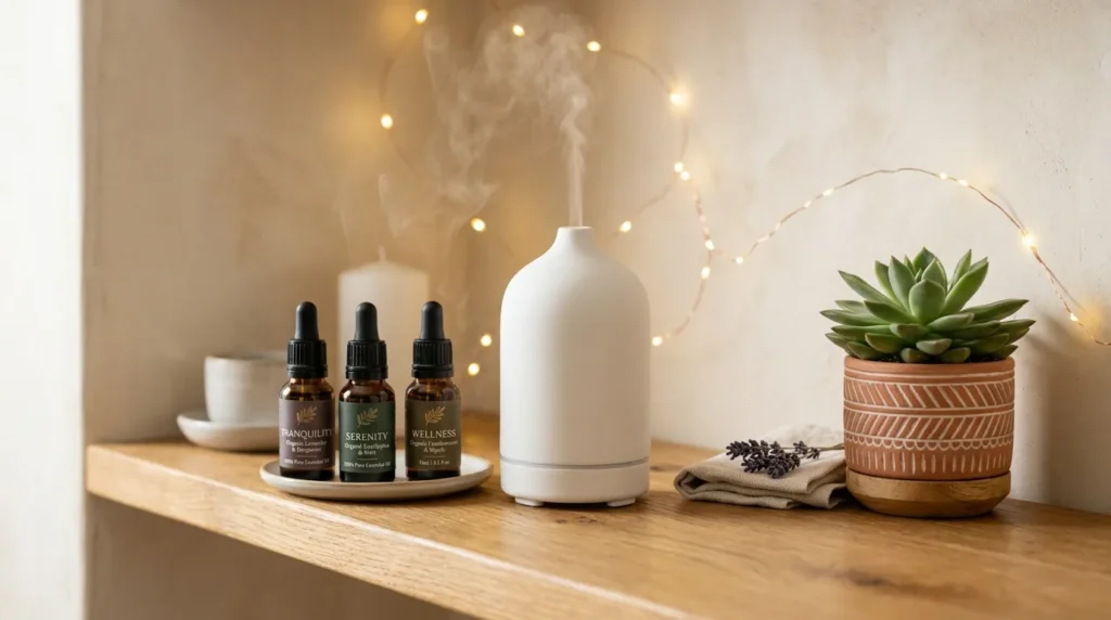 A white ceramic essential oil diffuser gift set releasing mist on a wooden shelf with fairylights.