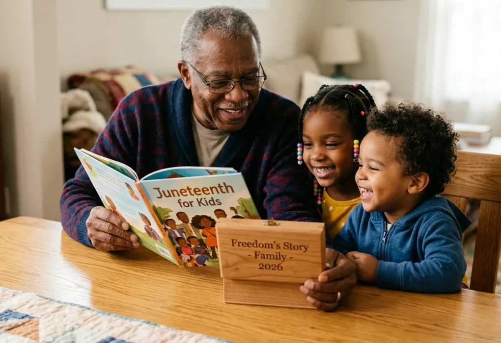 An older Black man reading a Juneteenth storybook and holding a personalized engraved wooden box for his smiling grandchildren.