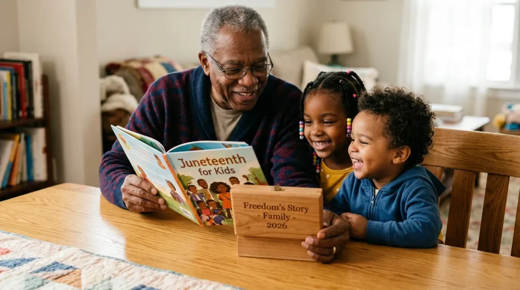 An older Black man reading a Juneteenth storybook and holding a personalized engraved wooden box for his smiling grandchildren.