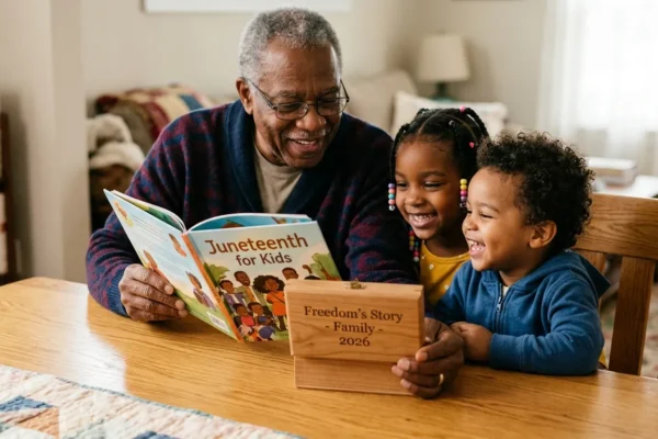 An older Black man reading a Juneteenth storybook and holding a personalized engraved wooden box for his smiling grandchildren.