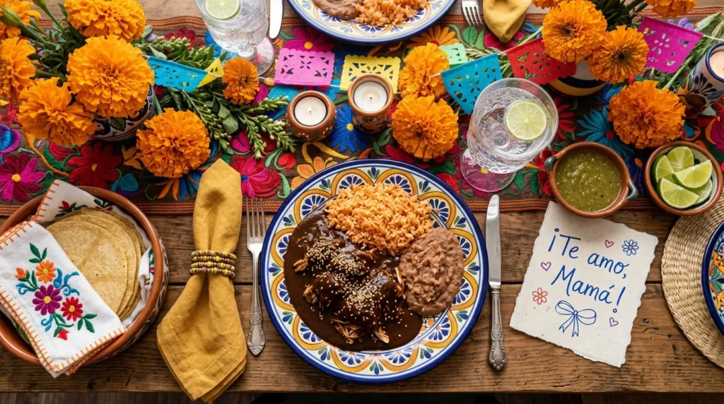A traditional Mexican dinner table setup for Mother's Day with colorful decor and food.