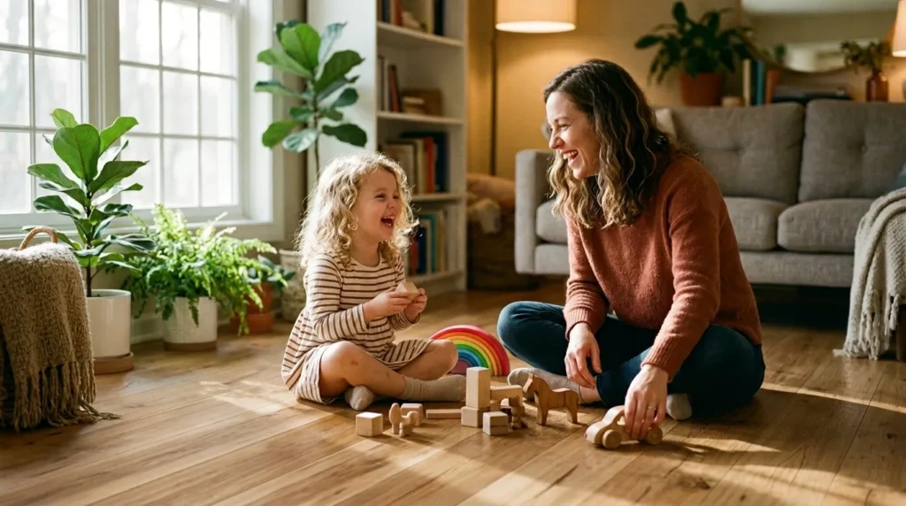 Mother and daughter laughing and playing with wooden toys directly on a warm premium hybrid wood floor.