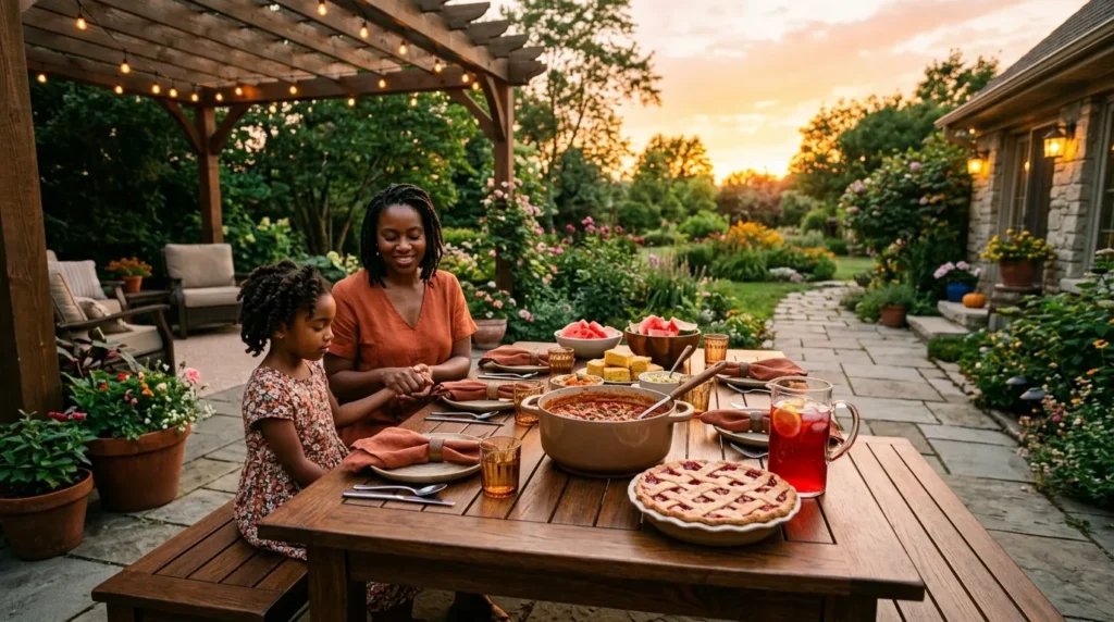 Black mother and daughter holding hands and saying thanks before a Juneteenth meal laden with traditional red foods on an oak outdoor table.