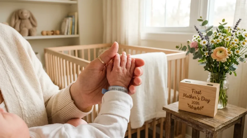 Close-up of a new mother holding her baby's hand with Mother's Day flowers in the background.