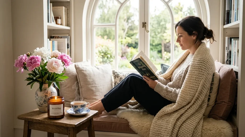 A mother practicing self-care in a sunlit room, representing mental wellness and Mother's Day gift ideas.