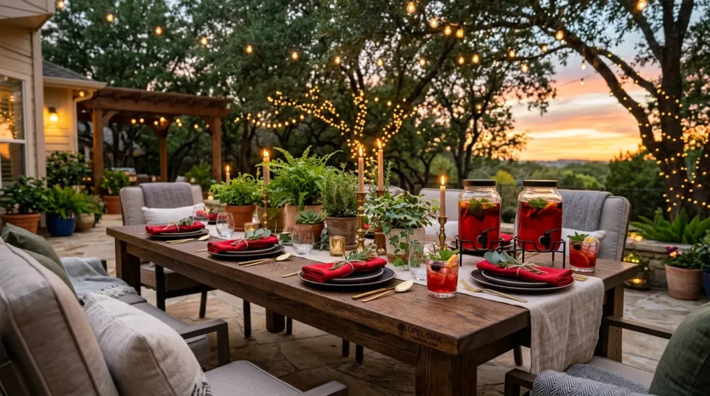 An elegant dark oak wood outdoor dining table by opeloak styled with red napkins and plants for a Juneteenth barbecue.