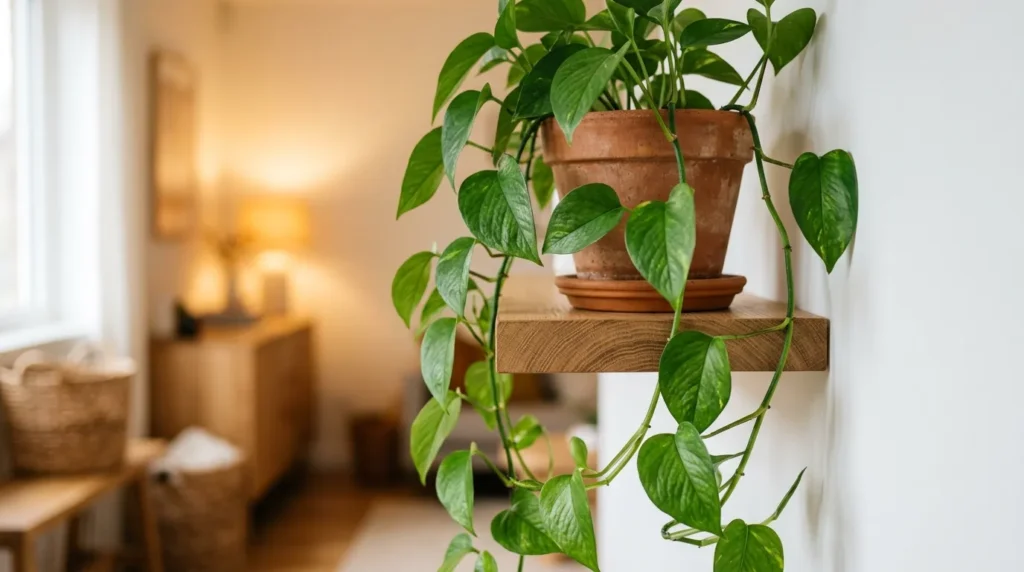 Close up of green pothos plant on a high end oak wooden shelf with soft atmospheric lighting.