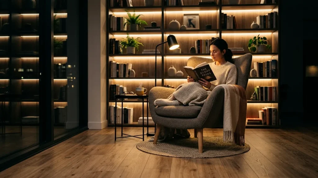 Cozy reading nook at night with a minimalist lamp throwing warm light on premium laminate wood flooring.