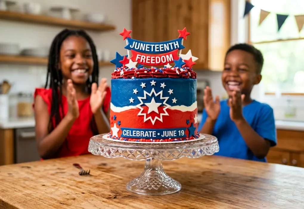 A beautiful red velvet Juneteenth flag cake sitting on a wooden counter with children smiling in the background.