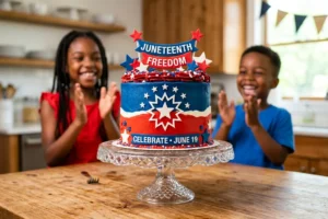 A beautiful red velvet Juneteenth flag cake sitting on a wooden counter with children smiling in the background.