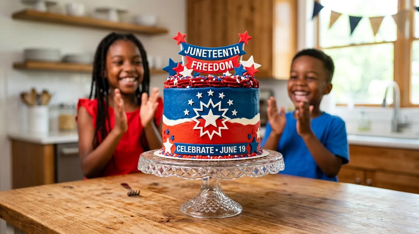 A beautiful red velvet Juneteenth flag cake sitting on a wooden counter with children smiling in the background.