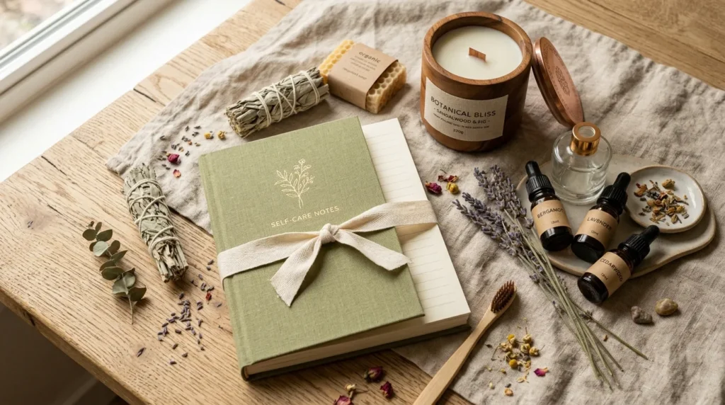 A collection of natural essential oils and sustainable self-care gift items on a wooden tray.