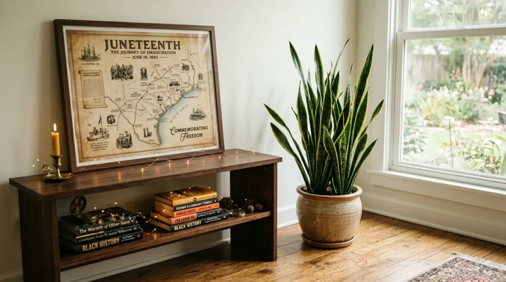 A thriving snake plant on a premium oak floor next to a framed Juneteenth map and fairylights in a cozy home nook.