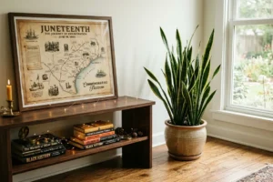A thriving snake plant on a premium oak floor next to a framed Juneteenth map and fairylights in a cozy home nook.