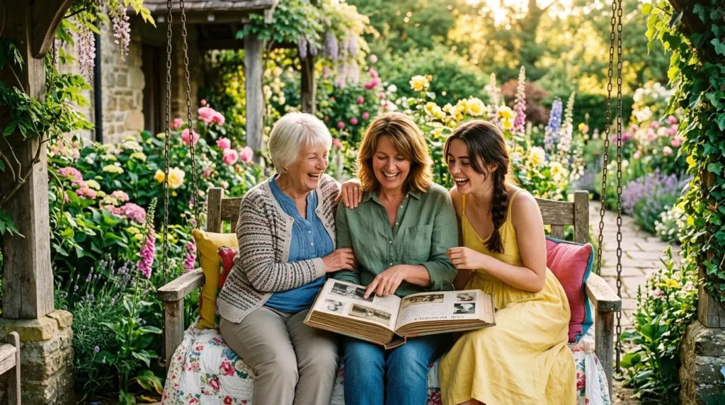 Three generations of women celebrating Mother's Day in a beautiful garden setting.