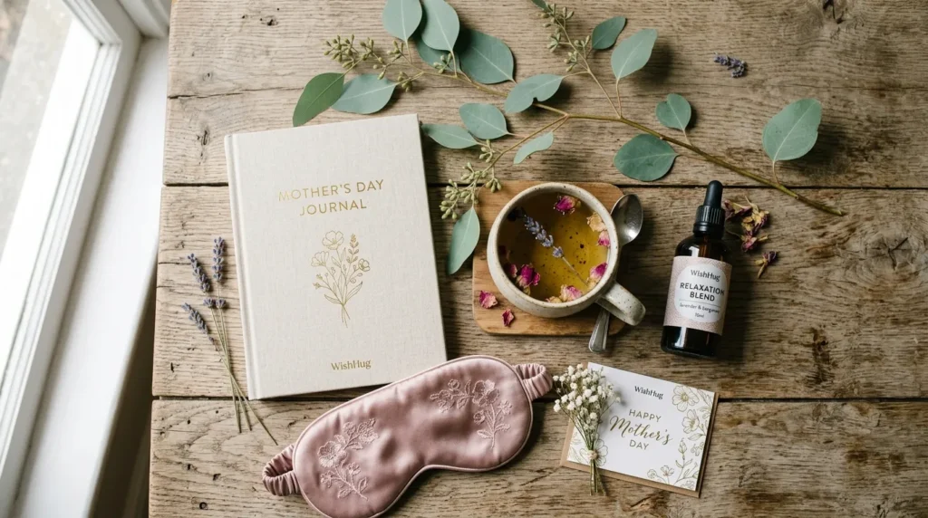 Sustainable self-care gift ideas for Mother's Day featuring essential oils and a mindfulness journal.