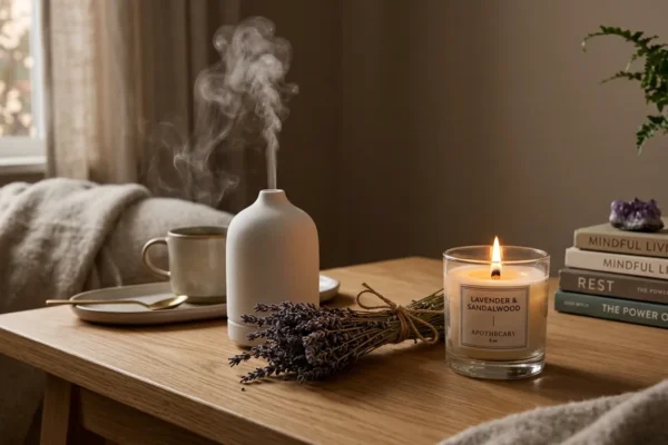 Ceramic essential oil diffuser emitting mist on a light oak table next to a luxury candle.