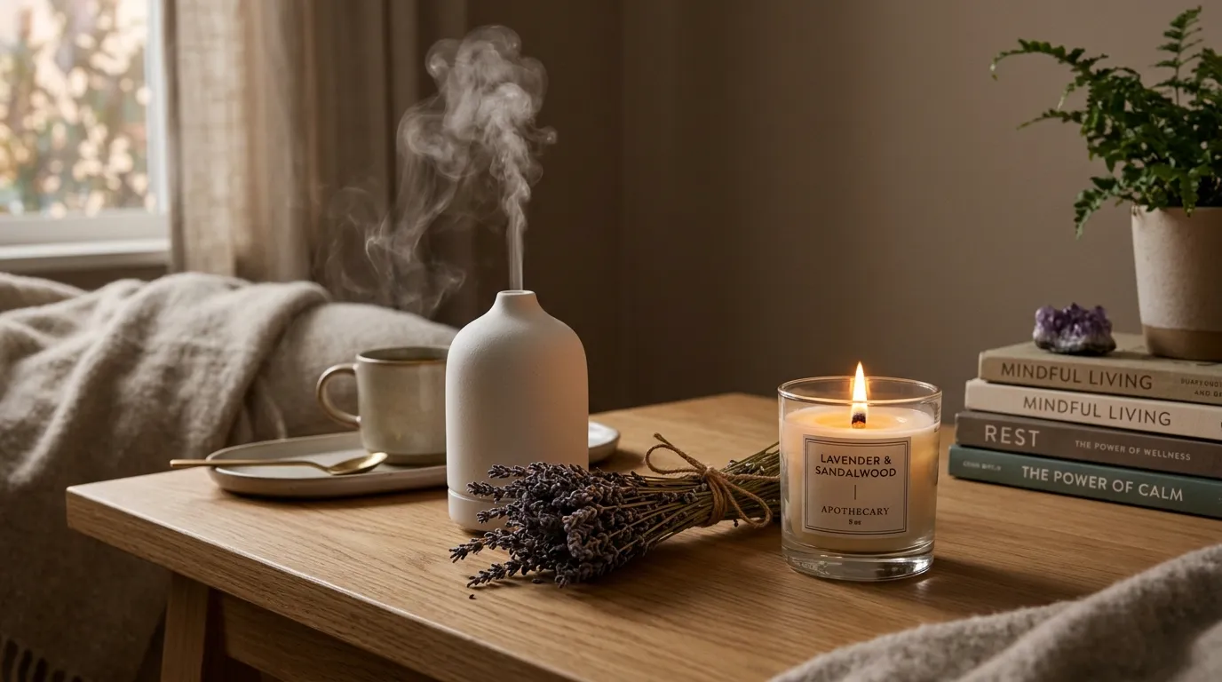 Ceramic essential oil diffuser emitting mist on a light oak table next to a luxury candle.