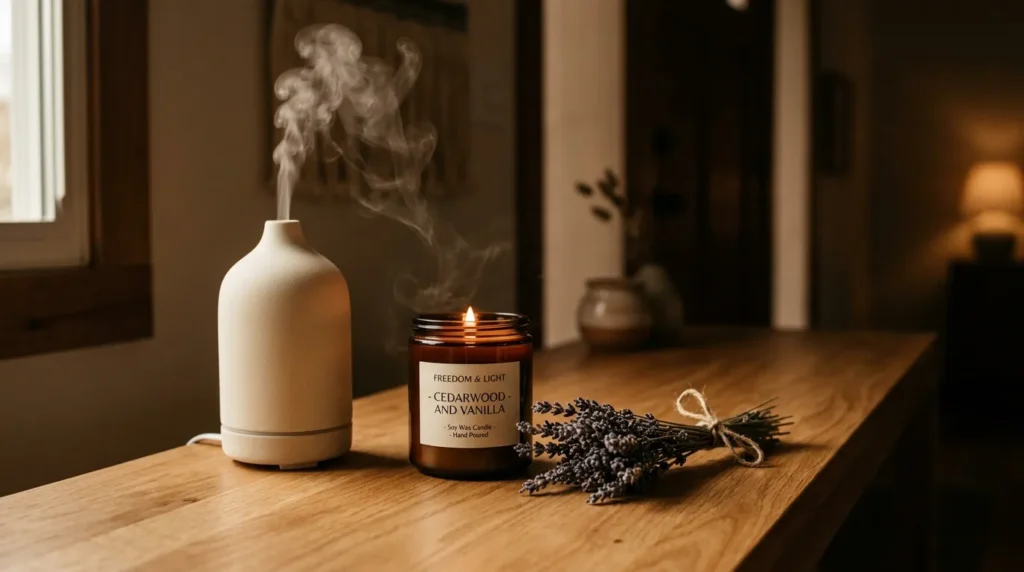 A ceramic essential oil diffuser with mist sitting on an oak table next to an amber glass candle labeled "Freedom & Light."